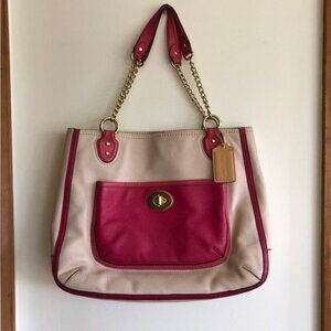 COACH Pink Cream/ Light Taupe Leather Color Block Chain Strap Tote Purse